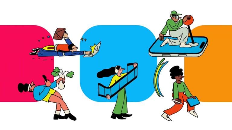 Colorful illustration of five people: one flying with books, one holding a lightbulb, one kayaking on a giant smartphone, and more—all against vibrant geometric backgrounds, celebrating the creativity of Apple developers in the App Store economy.