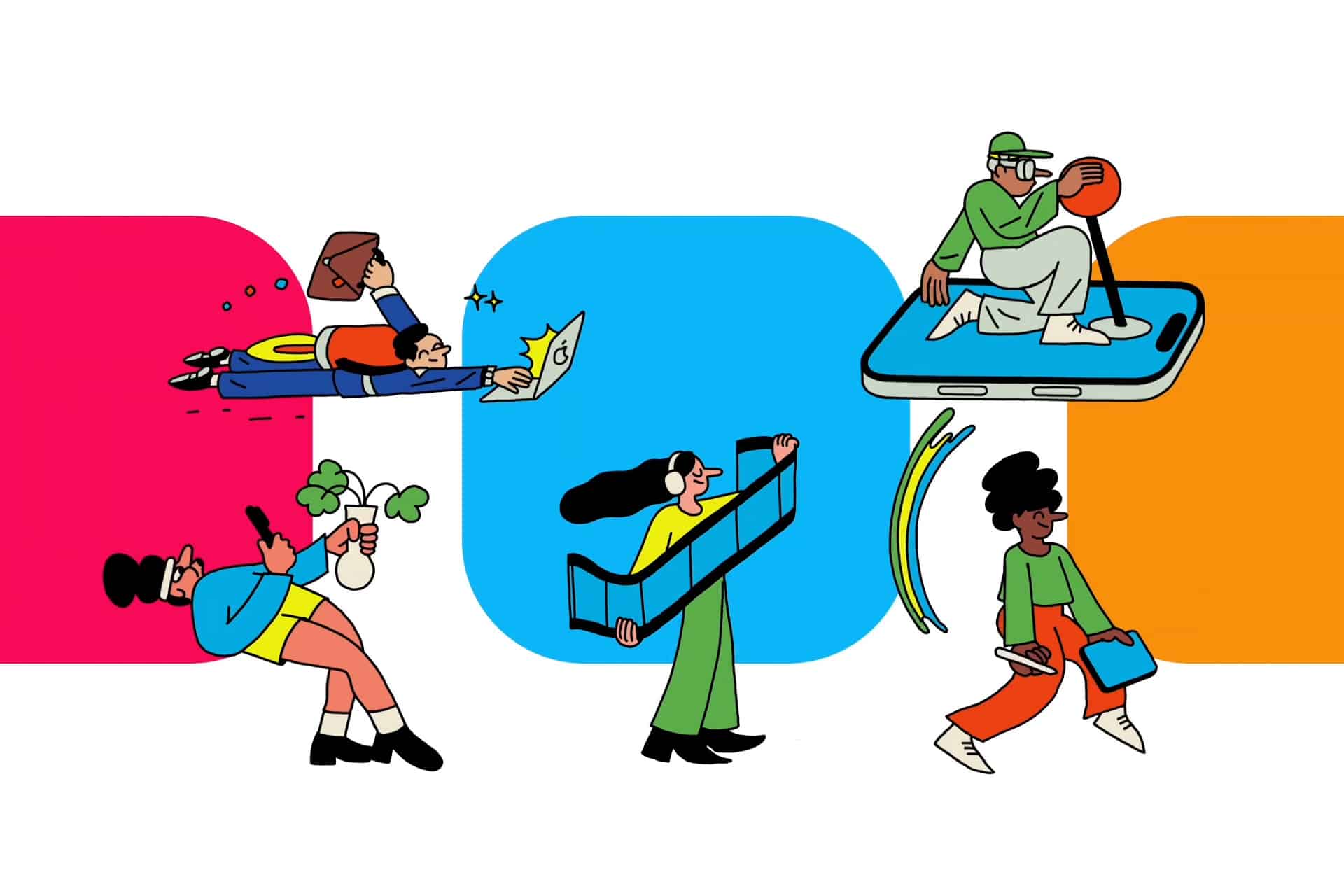 Colorful illustration of five people: one flying with books, one holding a lightbulb, one kayaking on a giant smartphone, and more—all against vibrant geometric backgrounds, celebrating the creativity of Apple developers in the App Store economy.