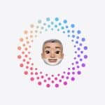 A cartoon-style avatar with gray hair and a white beard is centered inside a circle of colorful dots, arranged in a gradient from peach to blue to purple—perfect for guides or visuals related to Apple Account recovery. The background is light gray.