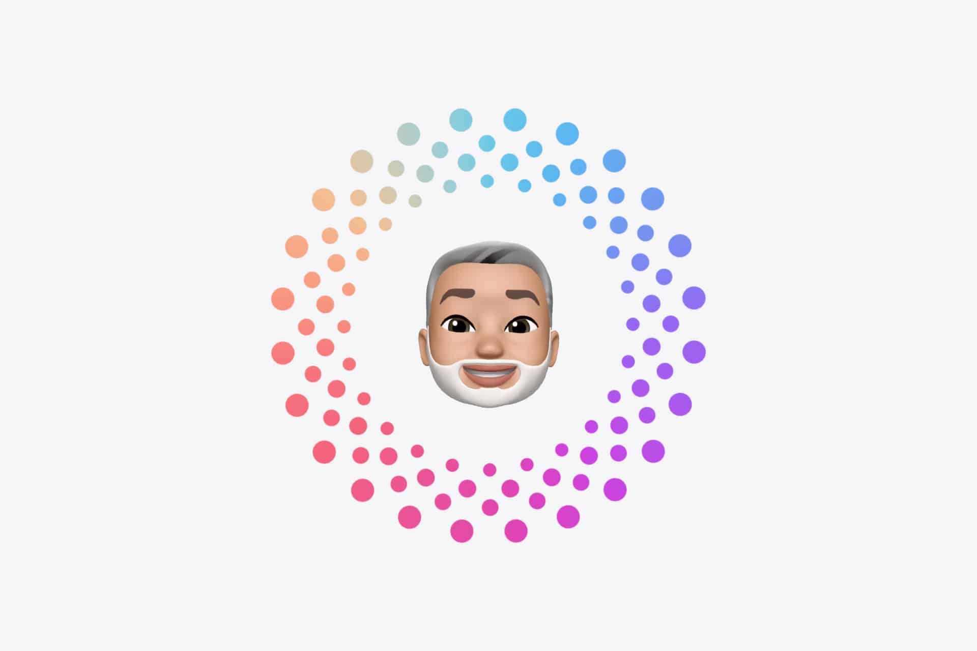 A cartoon-style avatar with gray hair and a white beard is centered inside a circle of colorful dots, arranged in a gradient from peach to blue to purple—perfect for guides or visuals related to Apple Account recovery. The background is light gray.
