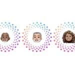Three cartoon avatar faces—a bald man, a gray-haired man, and a woman with curly hair—are each centered inside separate circular patterns made of colorful dots, visually representing Apple Account recovery on a white background.