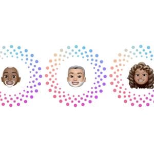 Three cartoon avatar faces—a bald man, a gray-haired man, and a woman with curly hair—are each centered inside separate circular patterns made of colorful dots, visually representing Apple Account recovery on a white background.