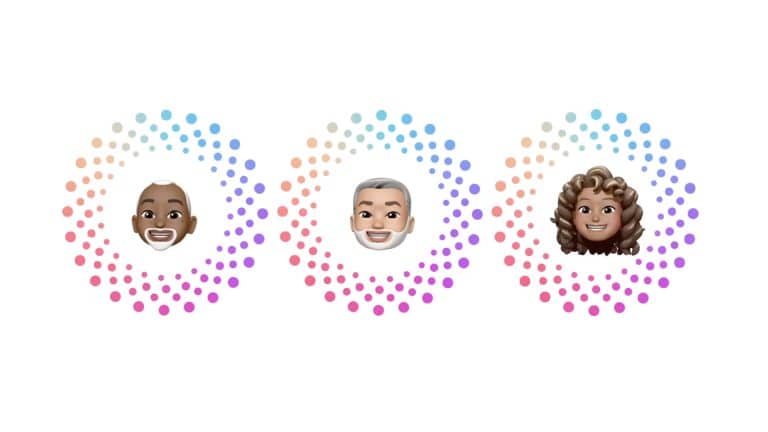 Three cartoon avatar faces—a bald man, a gray-haired man, and a woman with curly hair—are each centered inside separate circular patterns made of colorful dots, visually representing Apple Account recovery on a white background.