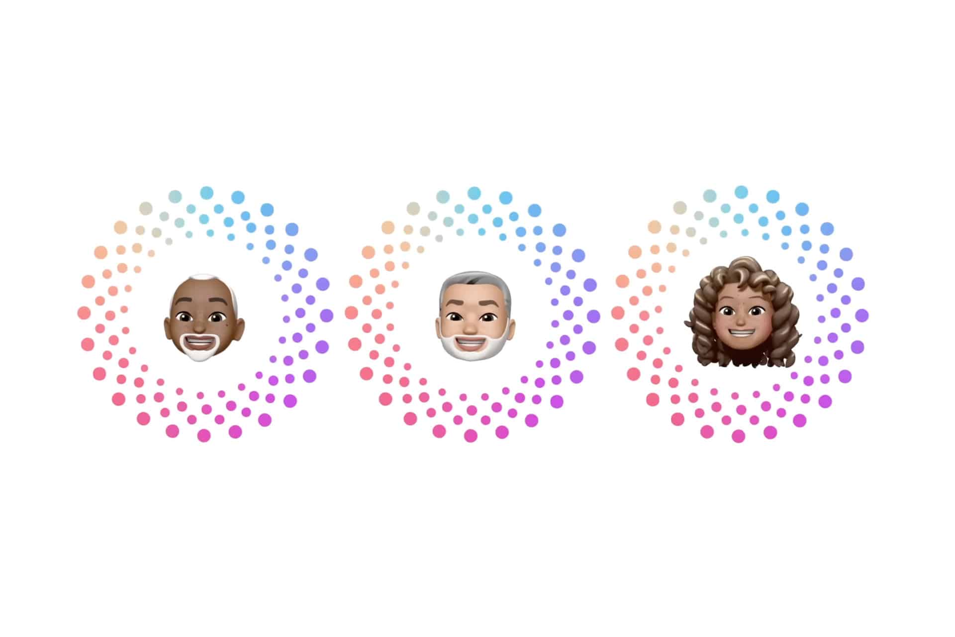 Three cartoon avatar faces—a bald man, a gray-haired man, and a woman with curly hair—are each centered inside separate circular patterns made of colorful dots, visually representing Apple Account recovery on a white background.