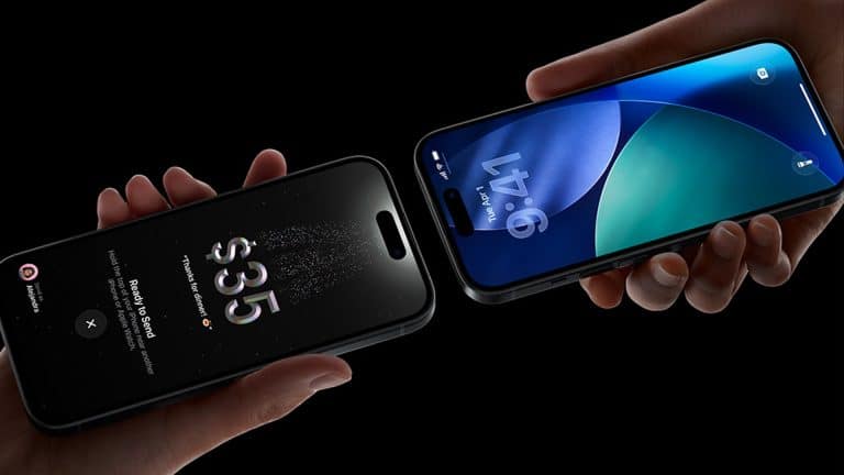 Two hands hold iPhones facing each other against a black background—one displays a $35 peer-to-peer payment screen, while the other shows a blue-green lock screen at 1:41.