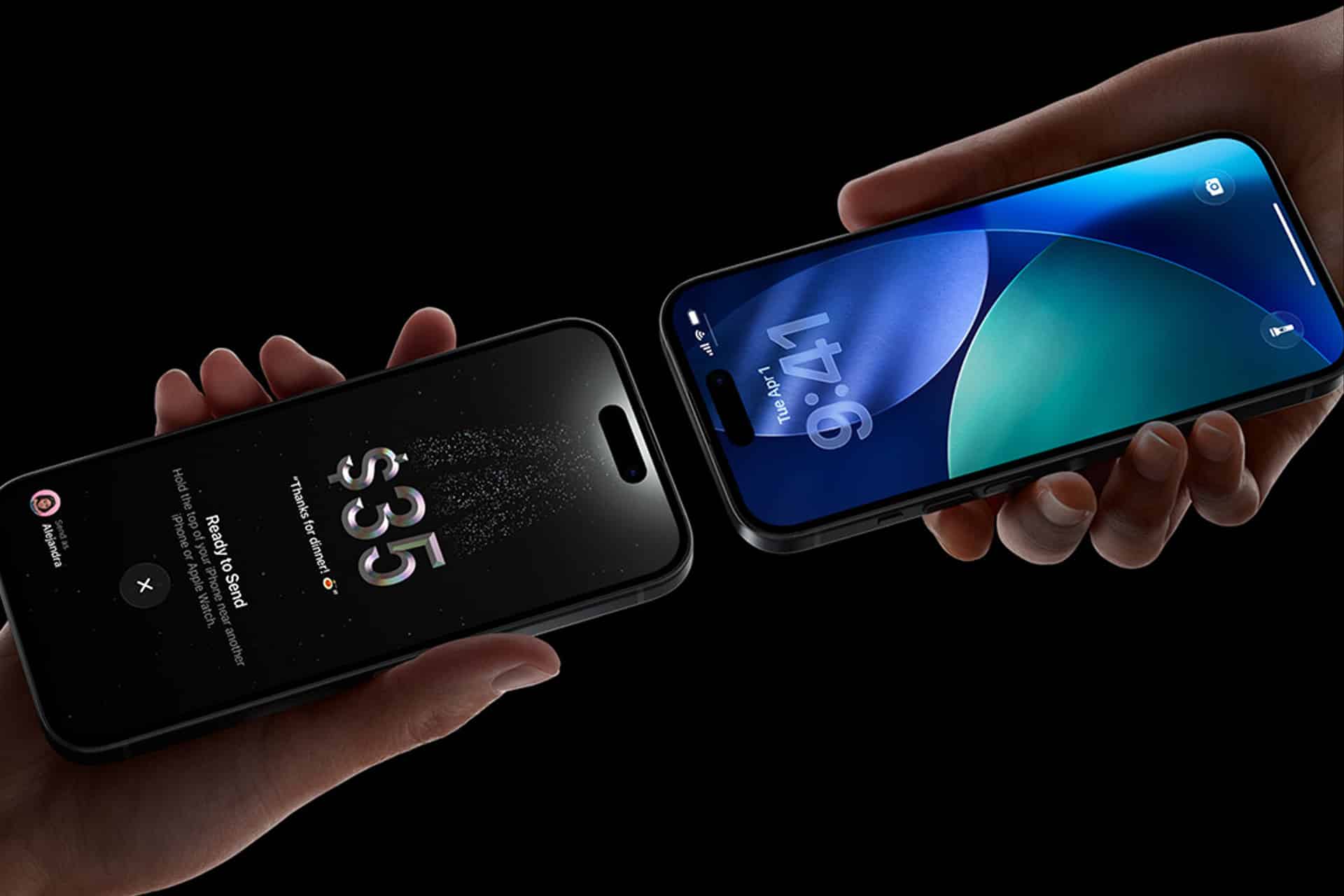 Two hands hold iPhones facing each other against a black background—one displays a $35 peer-to-peer payment screen, while the other shows a blue-green lock screen at 1:41.