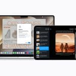 A laptop, tablet, and smartphone display different apps and interfaces, featuring notification settings, chat messages powered by Apple Intelligence, an event registration page for WWDC26, a Mars exploration image, and a portrait photo.
