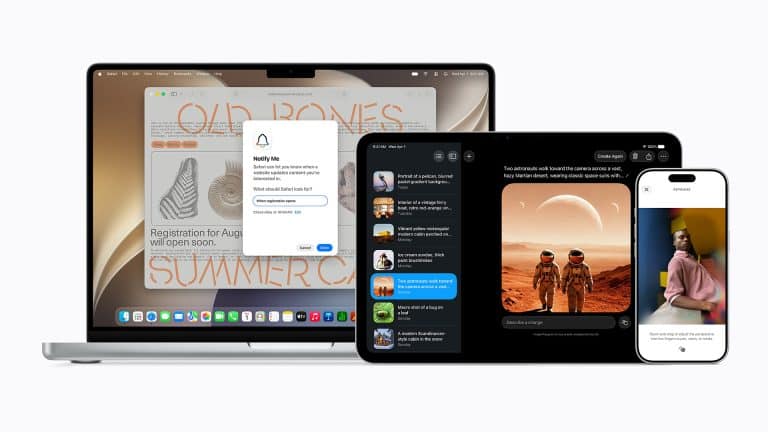 A laptop, tablet, and smartphone display different apps and interfaces, featuring notification settings, chat messages powered by Apple Intelligence, an event registration page for WWDC26, a Mars exploration image, and a portrait photo.