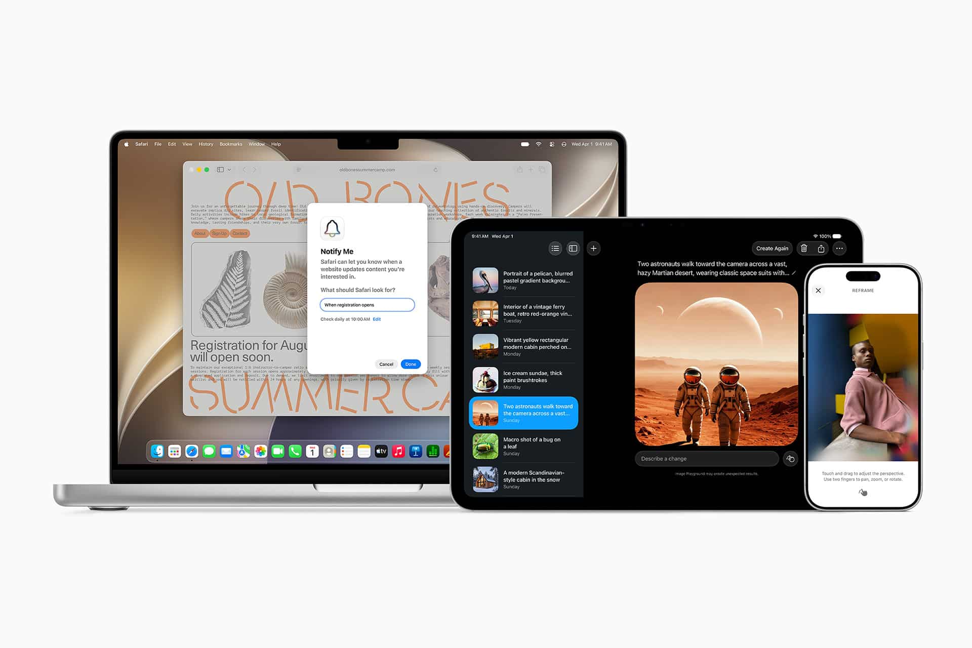 A laptop, tablet, and smartphone display different apps and interfaces, featuring notification settings, chat messages powered by Apple Intelligence, an event registration page for WWDC26, a Mars exploration image, and a portrait photo.
