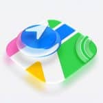A 3D illustration of an Apple Maps app icon featuring a blue compass arrow on a colorful map design with green, blue, yellow, and pink sections, set against a white background. Inspired by the look of Apple Maps 27 for WWDC26.