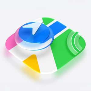 A 3D illustration of an Apple Maps app icon featuring a blue compass arrow on a colorful map design with green, blue, yellow, and pink sections, set against a white background. Inspired by the look of Apple Maps 27 for WWDC26.