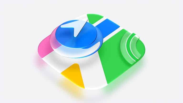 A 3D illustration of an Apple Maps app icon featuring a blue compass arrow on a colorful map design with green, blue, yellow, and pink sections, set against a white background. Inspired by the look of Apple Maps 27 for WWDC26.