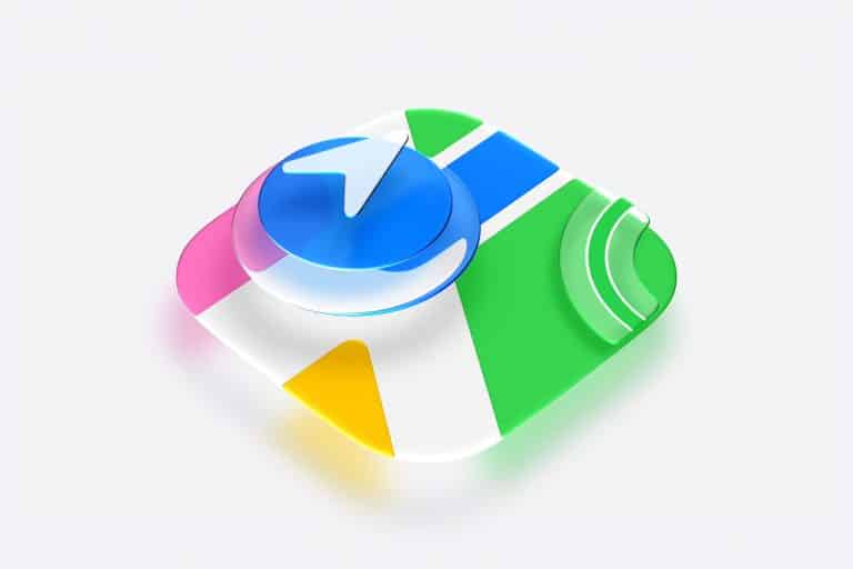 A 3D illustration of an Apple Maps app icon featuring a blue compass arrow on a colorful map design with green, blue, yellow, and pink sections, set against a white background. Inspired by the look of Apple Maps 27 for WWDC26.