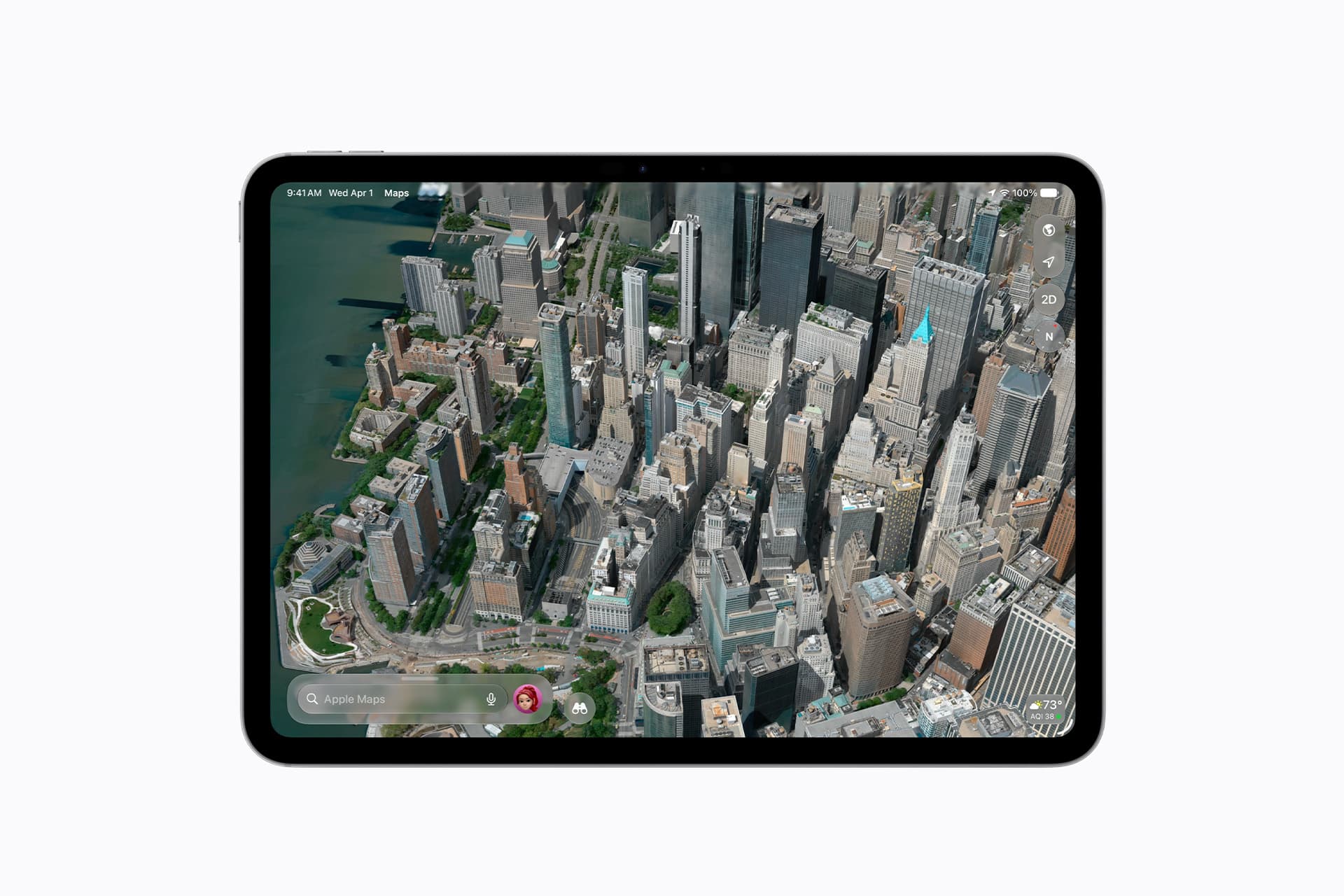 A tablet displays a 3D satellite view of a cityscape with tall skyscrapers and streets, likely from the Apple Maps 27 app. The detailed buildings clustered near a waterfront showcase features previewed at WWDC26.
