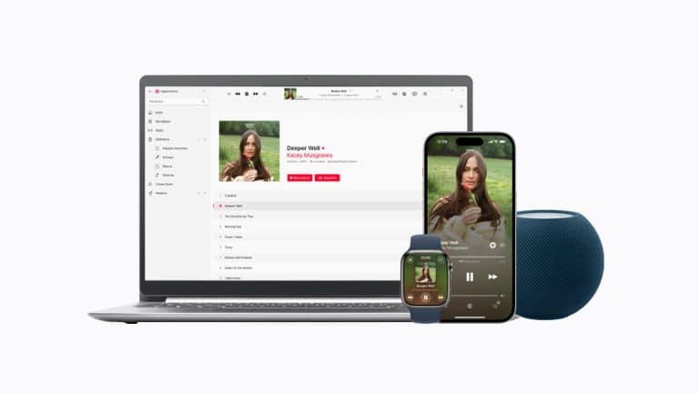 A laptop, smartwatch, smartphone, and blue smart speaker display the same music album, showing synchronization across multiple Apple Music devices.