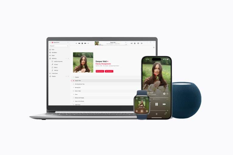 A laptop, smartwatch, smartphone, and blue smart speaker display the same music album, showing synchronization across multiple Apple Music devices.