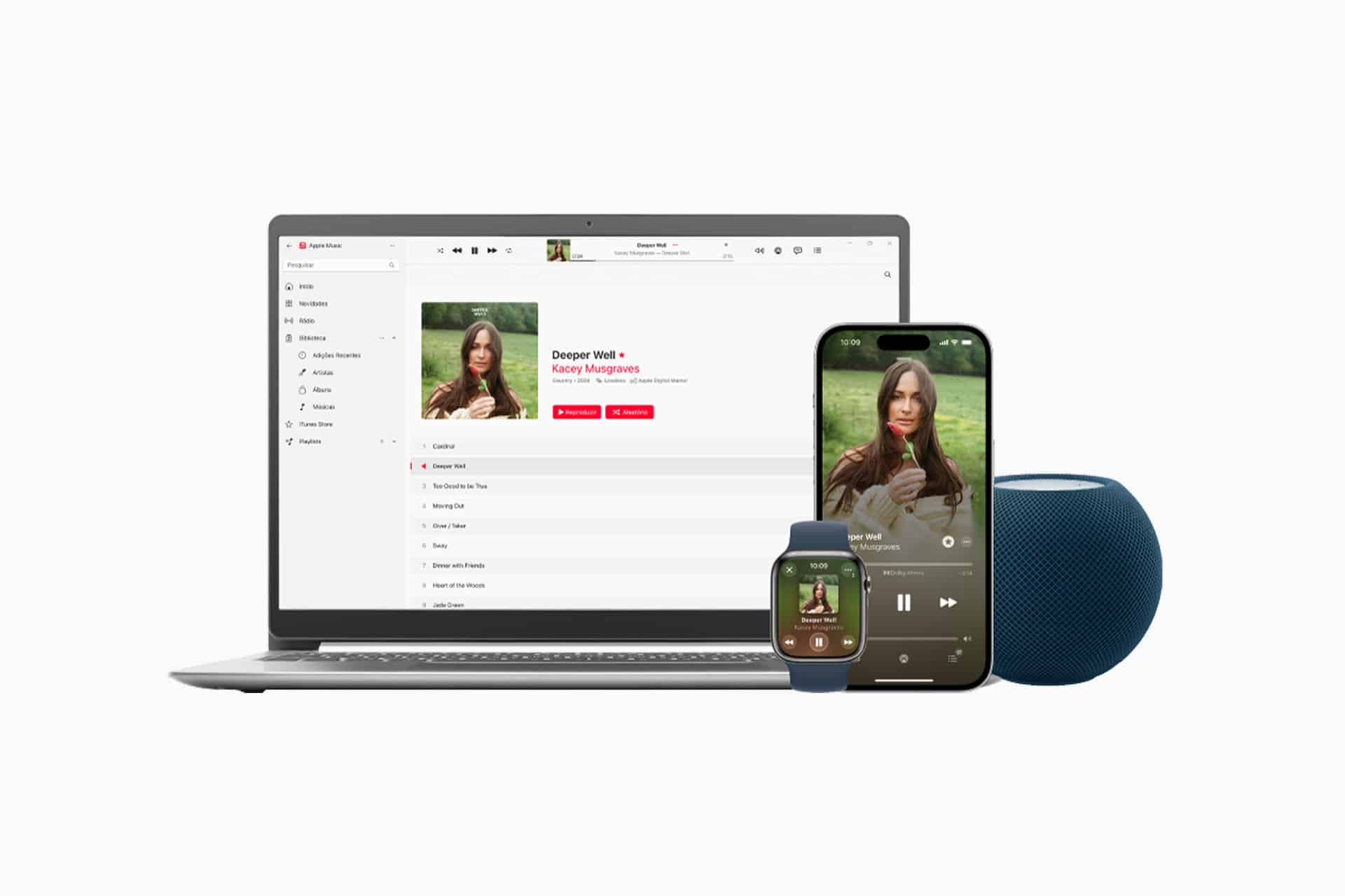 A laptop, smartwatch, smartphone, and blue smart speaker display the same music album, showing synchronization across multiple Apple Music devices.