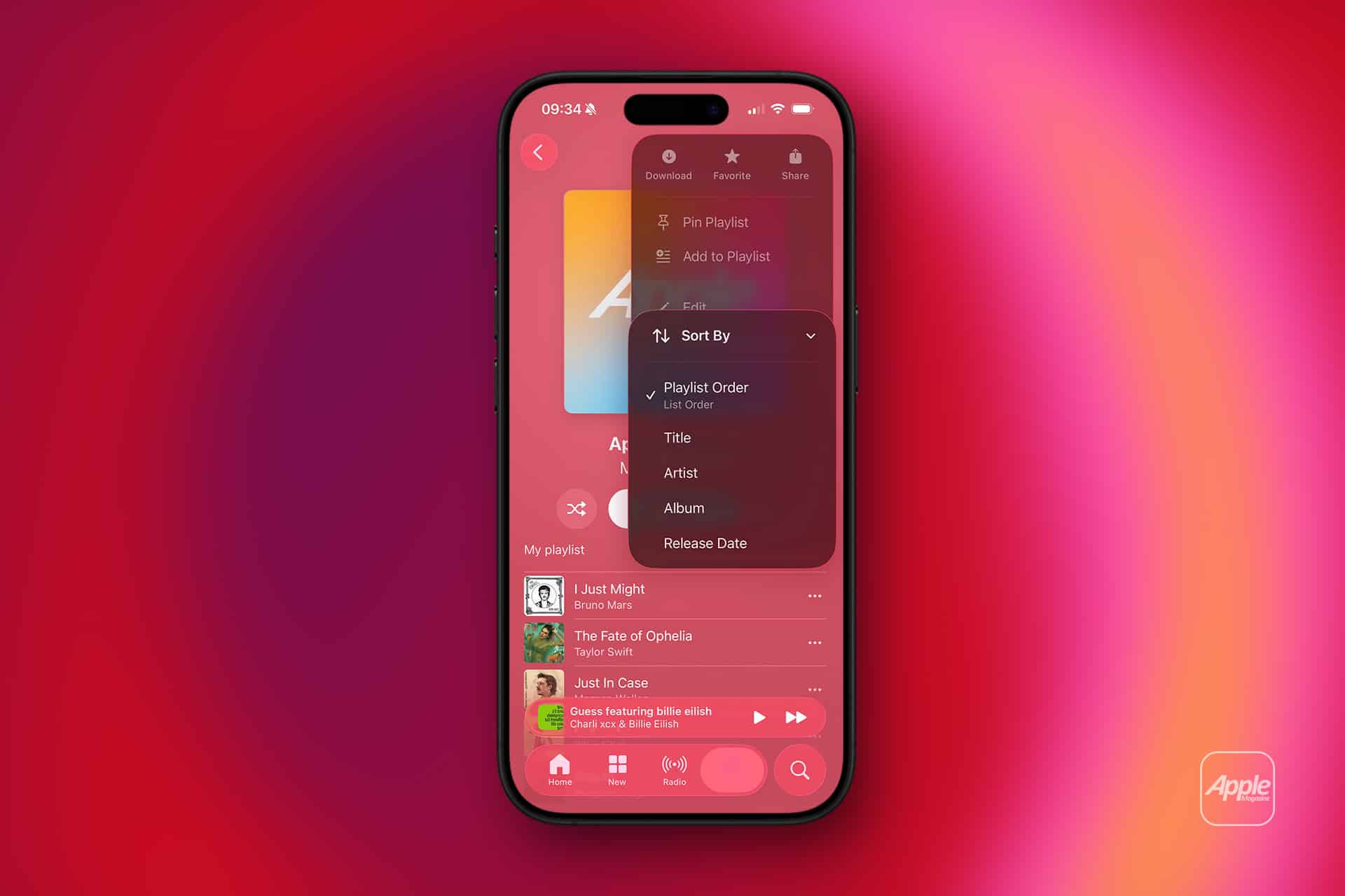 A smartphone displays the Apple Music Playlist Sorting menu, allowing songs to be organized by title, artist, album, or release date. The background features a vibrant pink and red gradient with an Apple logo in the corner.