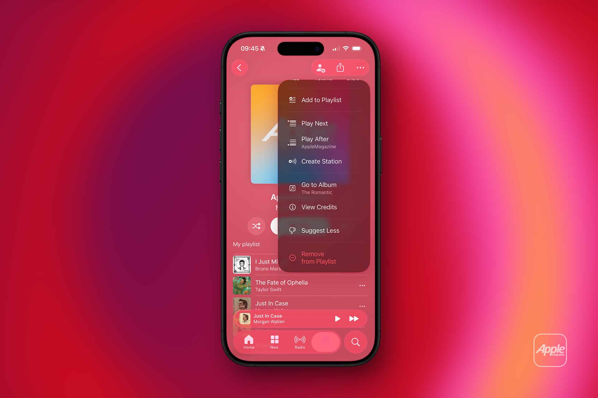 An iPhone displays the Apple Music app with a playlist open, showcasing menu options like Add to Playlist, Play Next, Create Station, and Remove from Playlist. Apple Music Playlist Sorting features over a pink and red gradient. Apple logo at bottom right.