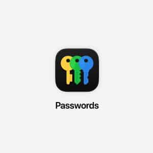 App icon with three keys in yellow, green, and blue on a black rounded square background. Below the icon is the word "Passwords" in black text on a light gray background, highlighting this Passwords app for enhanced iPhone security.
