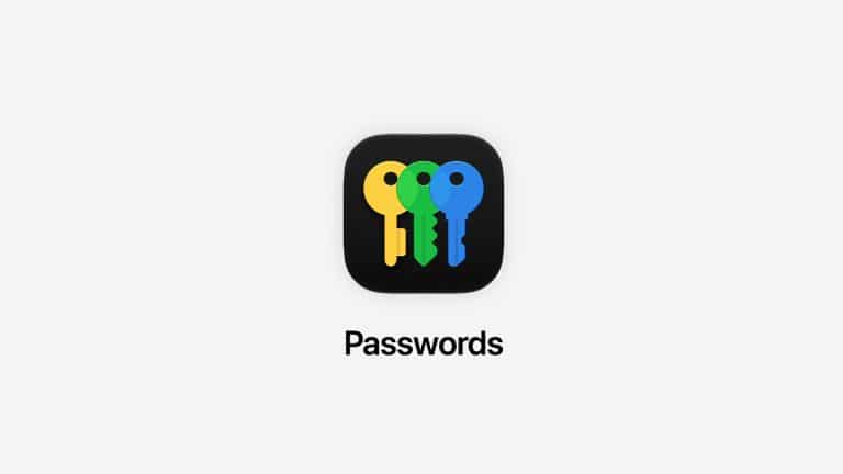 App icon with three keys in yellow, green, and blue on a black rounded square background. Below the icon is the word "Passwords" in black text on a light gray background, highlighting this Passwords app for enhanced iPhone security.