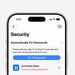 A smartphone screen displays an iPhone security alert, prompting the user to fix 5 compromised passwords, with Cervantes Bank listed as having a compromised password.