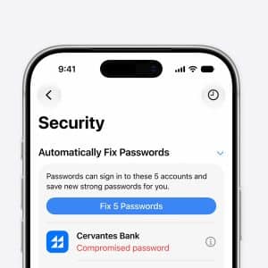 A smartphone screen displays an iPhone security alert, prompting the user to fix 5 compromised passwords, with Cervantes Bank listed as having a compromised password.