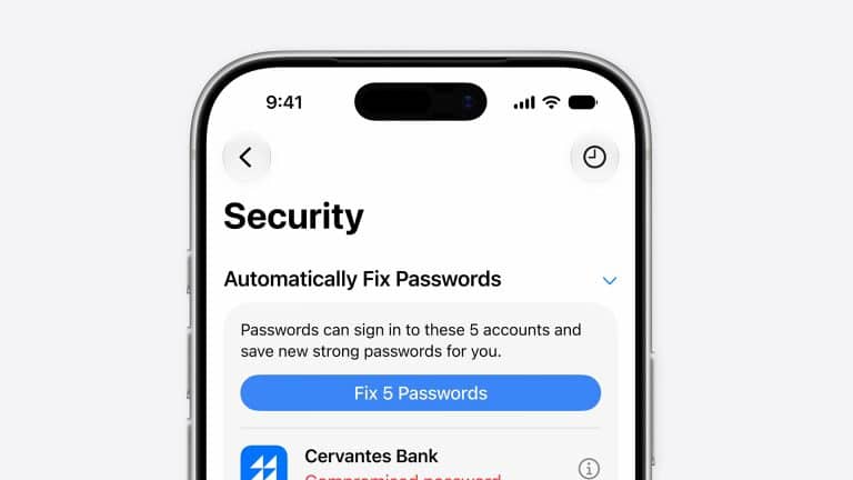A smartphone screen displays an iPhone security alert, prompting the user to fix 5 compromised passwords, with Cervantes Bank listed as having a compromised password.
