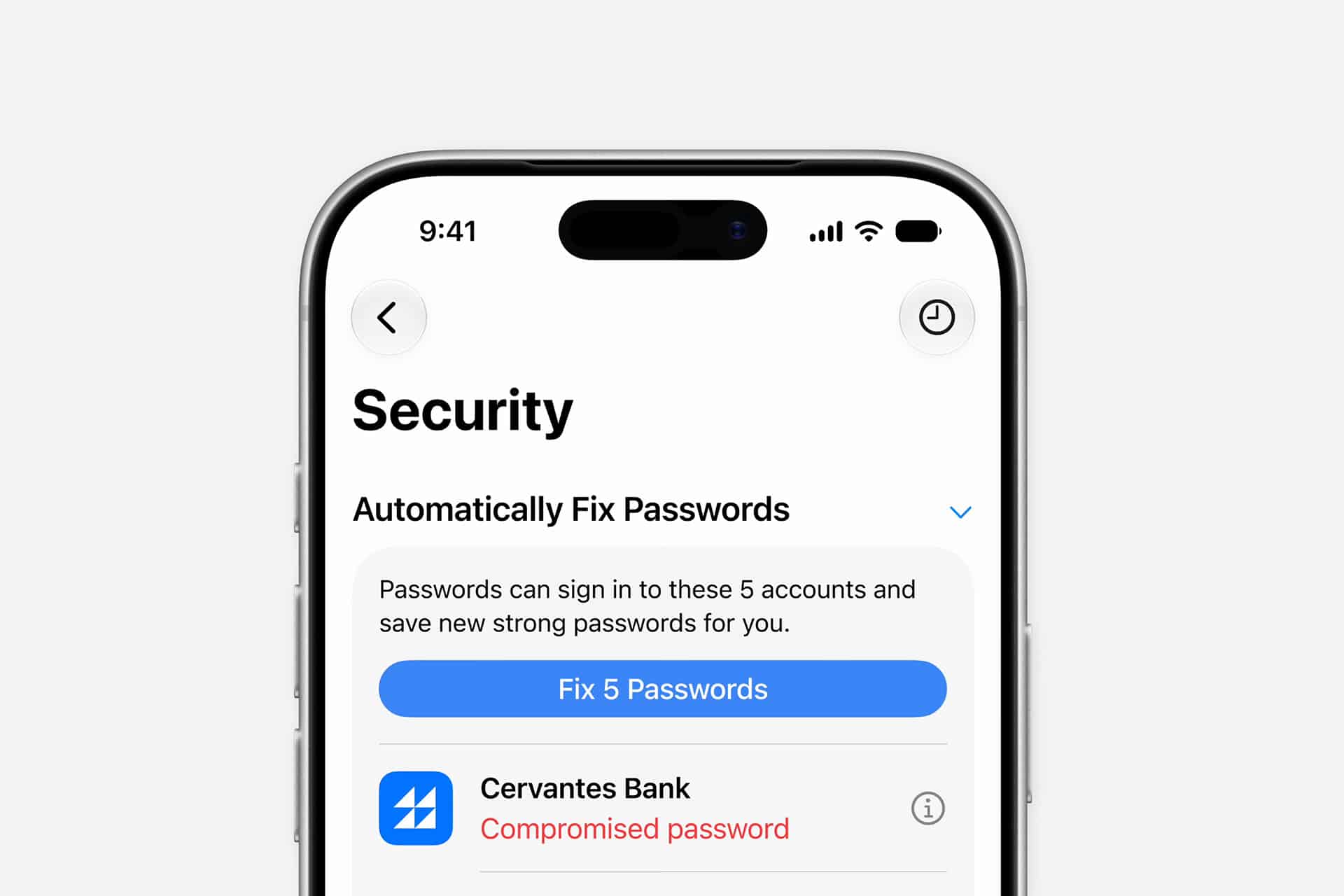 A smartphone screen displays an iPhone security alert, prompting the user to fix 5 compromised passwords, with Cervantes Bank listed as having a compromised password.