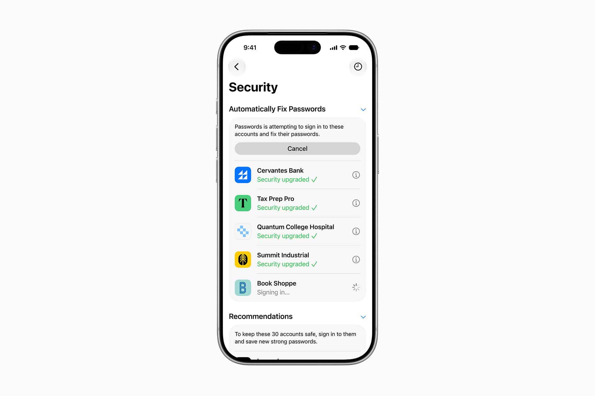Apple Passwords - An iPhone screen shows the Passwords app’s Security page, where accounts are being fixed automatically. Green check marks note “Security upgraded,” except for one account that says “Signing in…”—a look at Apple password manager features from WWDC26.