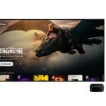 A TV displays "How to Train Your Dragon," with a boy riding a dragon in the sky. An Apple TV device and remote sit in front, highlighting easy access to movie rentals through the Apple TV app.