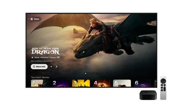 A TV displays "How to Train Your Dragon," with a boy riding a dragon in the sky. An Apple TV device and remote sit in front, highlighting easy access to movie rentals through the Apple TV app.