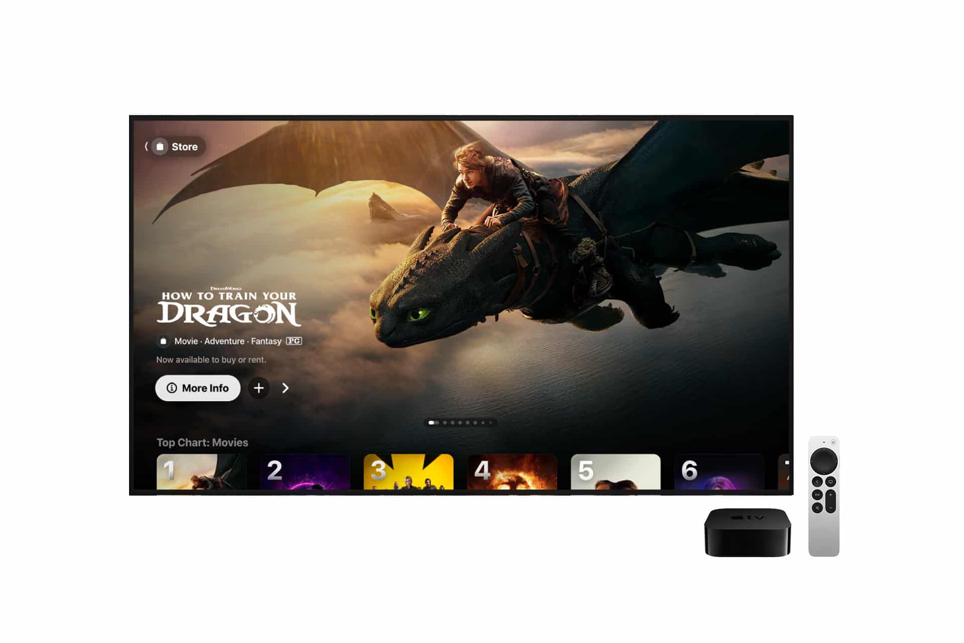 A TV displays "How to Train Your Dragon," with a boy riding a dragon in the sky. An Apple TV device and remote sit in front, highlighting easy access to movie rentals through the Apple TV app.