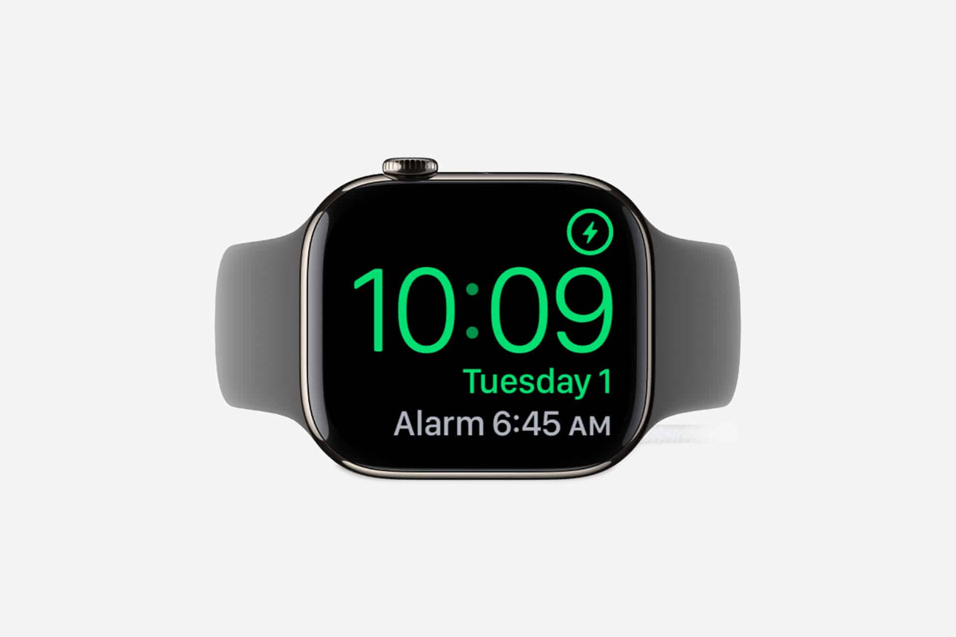 A smartwatch running watchOS with a black band displays the time 10:09, Tuesday 1, and an alarm set for 6:45 AM. The black screen features green and white text, highlighting the sleek Apple Watch timers interface.