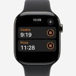 A smartwatch running watchOS displays the timers app, showing two timers: "Cookie" with 9 minutes 19 seconds left, and "Pizza" with 11 minutes 28 seconds remaining. Both Apple Watch timers feature pause buttons for easy control.