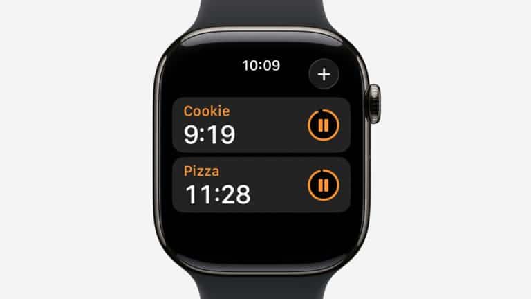 A smartwatch running watchOS displays the timers app, showing two timers: "Cookie" with 9 minutes 19 seconds left, and "Pizza" with 11 minutes 28 seconds remaining. Both Apple Watch timers feature pause buttons for easy control.