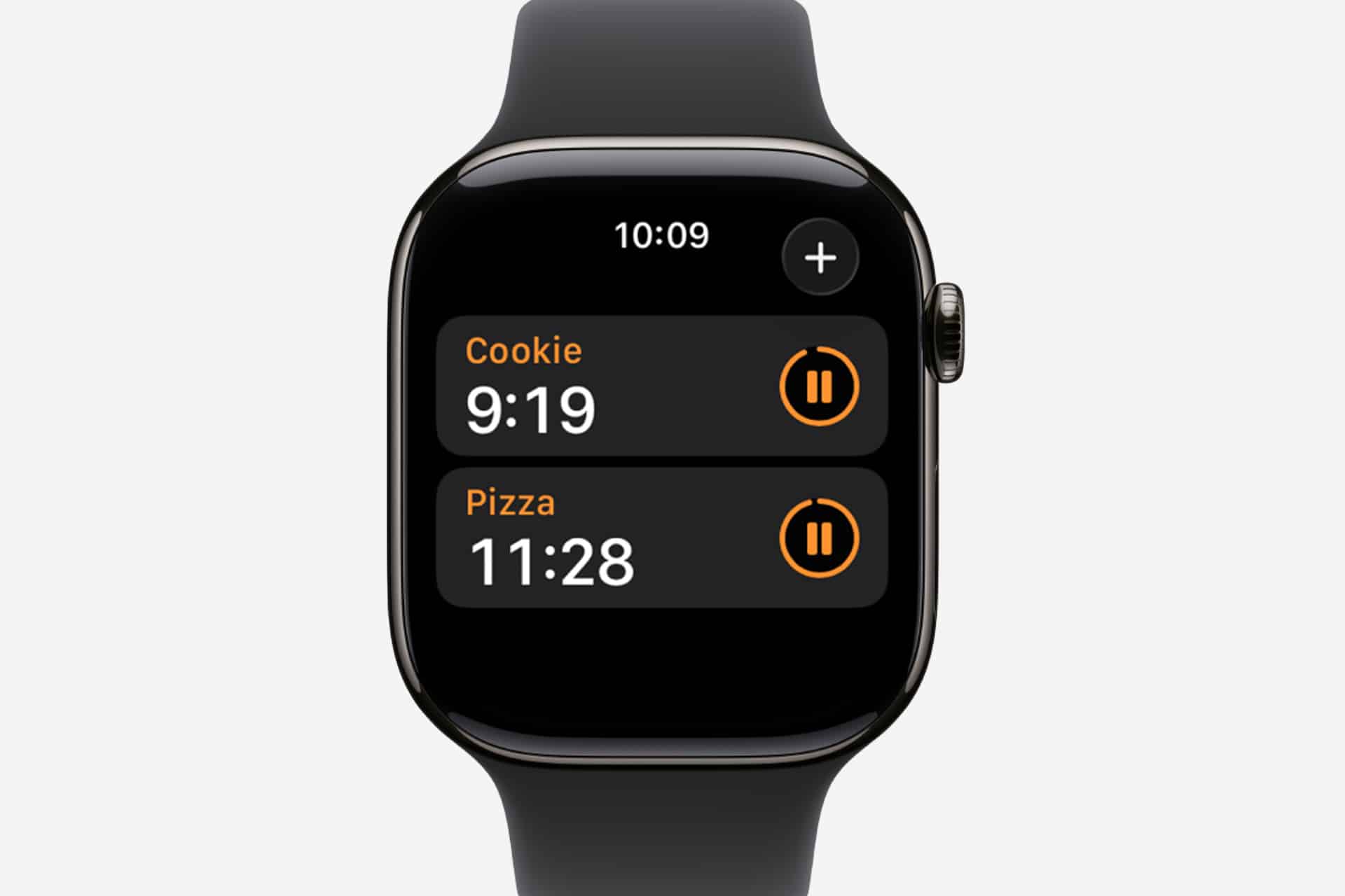 A smartwatch running watchOS displays the timers app, showing two timers: "Cookie" with 9 minutes 19 seconds left, and "Pizza" with 11 minutes 28 seconds remaining. Both Apple Watch timers feature pause buttons for easy control.
