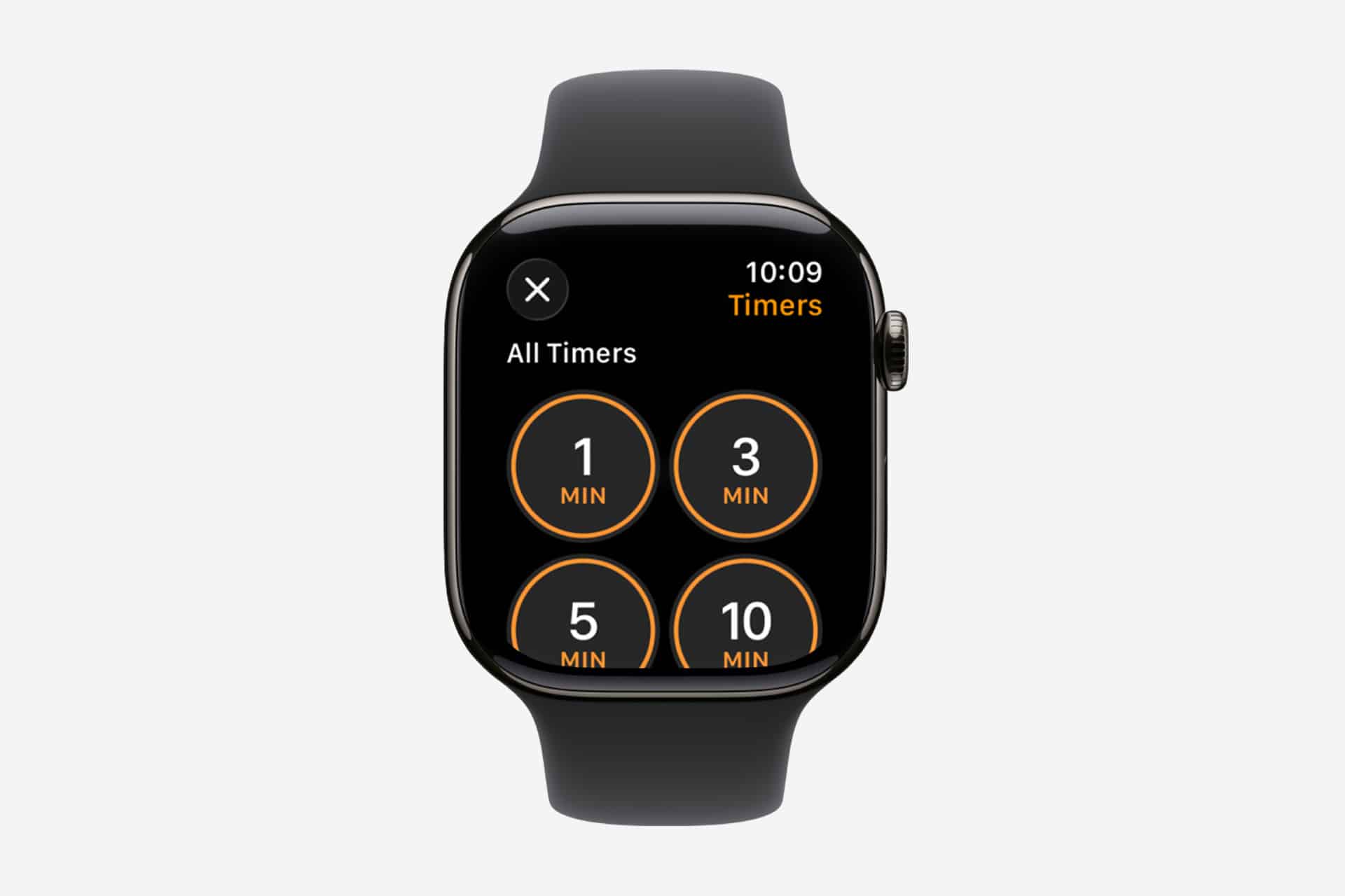 A black Apple Watch displays the timers app with options for 1, 3, 5, and 10 minutes. The screen shows the time as 10:09 on watchOS, featuring a dark background and orange-highlighted circles for each timer option.
