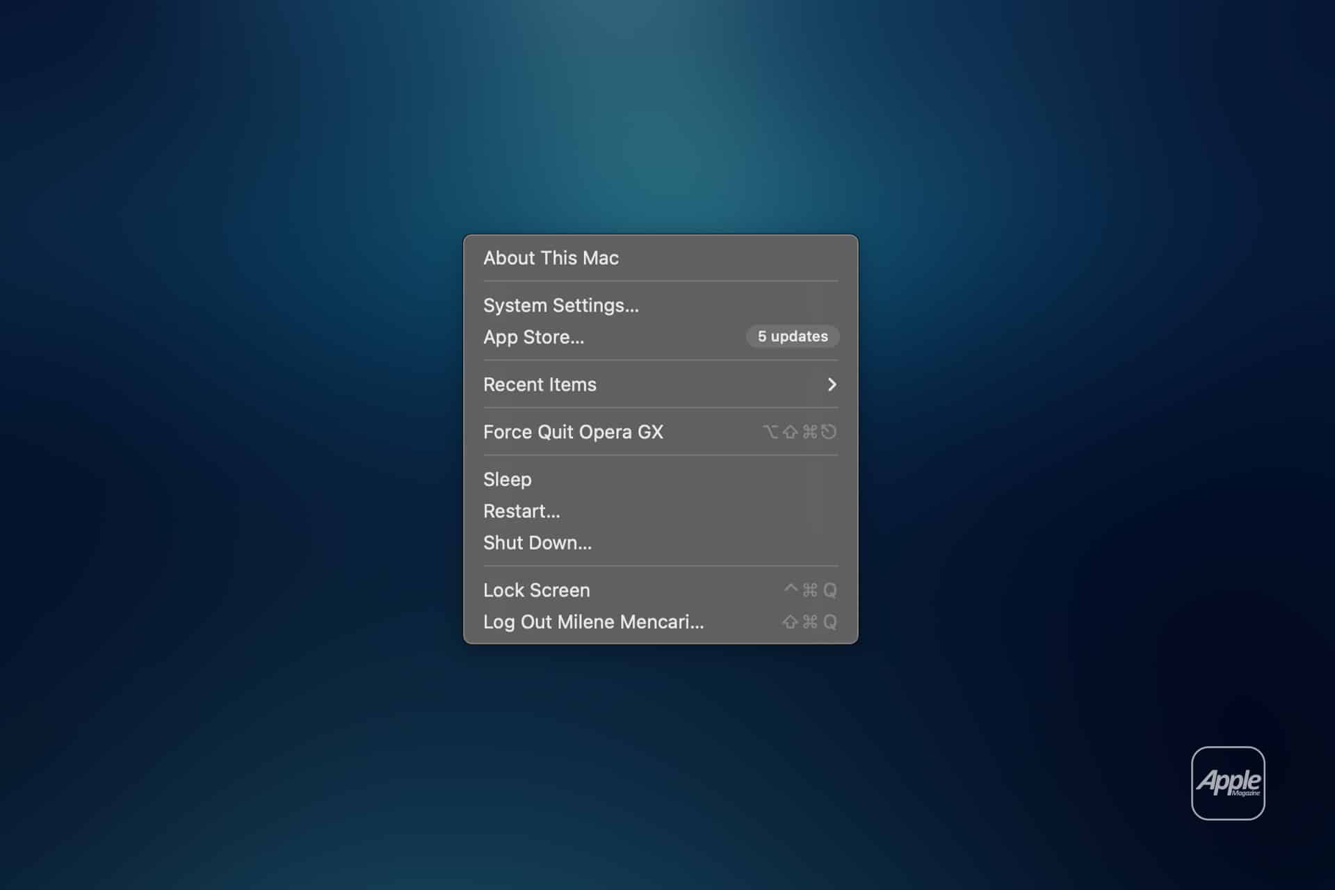 A Mac computer screen displaying the Apple menu with options like "About This Mac," "System Settings," "App Store" (showing 5 updates), plus controls for sleep, restart, shutdown, and log out—essential for managing Apple Storage settings and Mac cleanup.