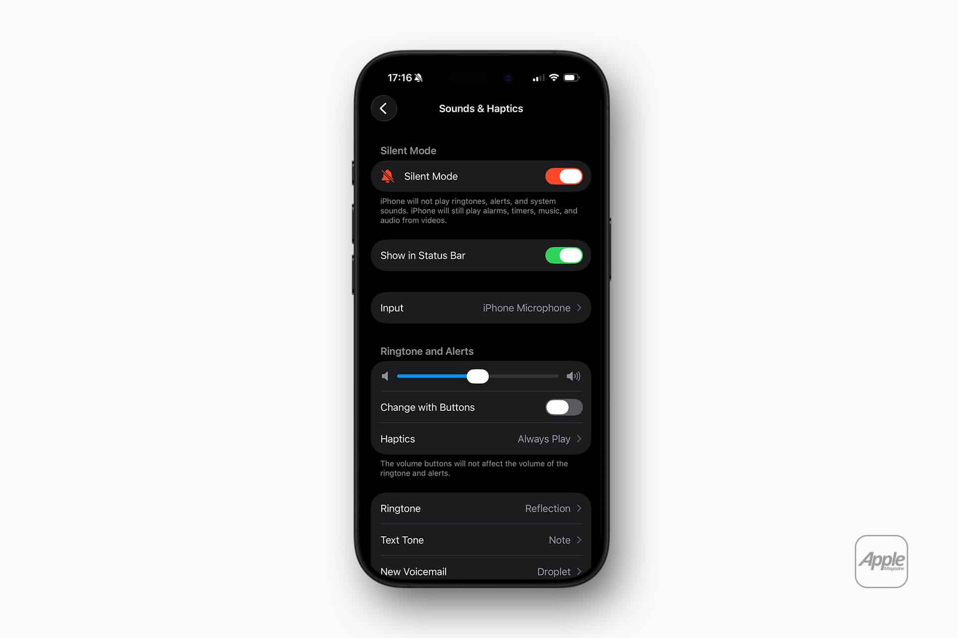 Apple security updates - An iPhone displays the "Sounds & Haptics" settings screen in dark mode, highlighting options for Silent Mode, volume, and haptics. The interface reflects iOS 26.5.2 updates, with an Apple logo in the bottom right corner.