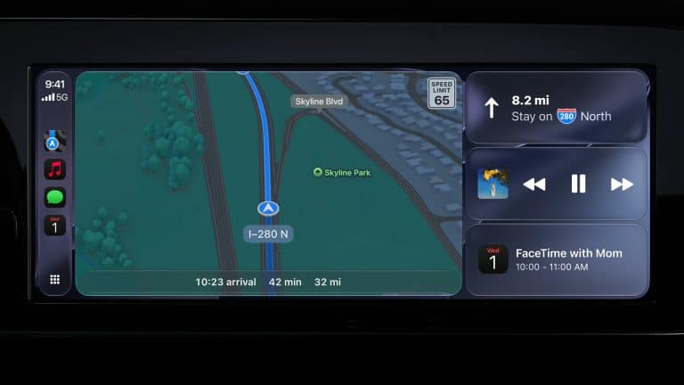 A car dashboard screen with CarPlay features displays navigation directions on I-280 North, estimated arrival in 42 minutes, music playback controls, and a calendar reminder for a FaceTime call with Mom from 10:00 to 11:00 AM.