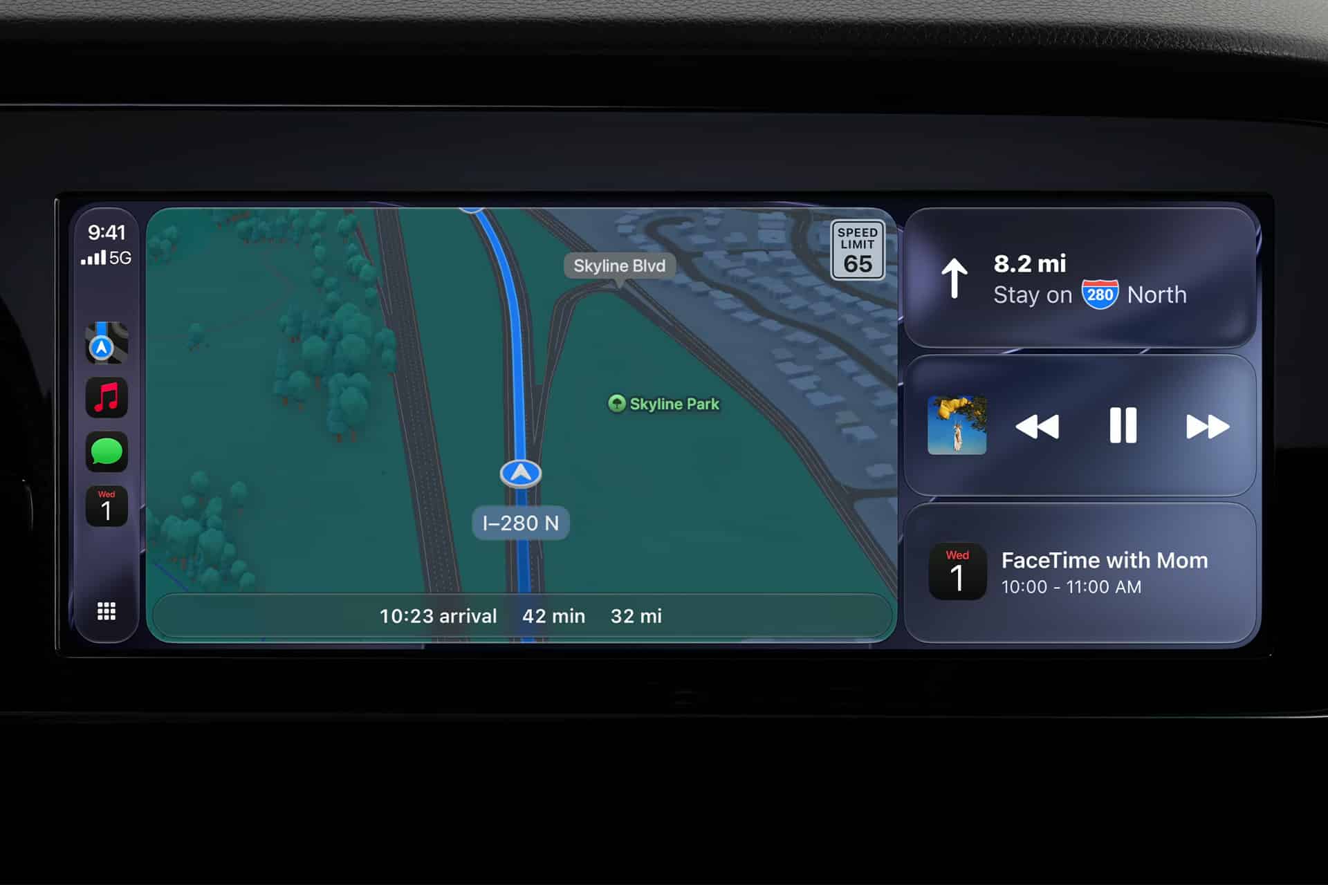 A car dashboard screen with CarPlay features displays navigation directions on I-280 North, estimated arrival in 42 minutes, music playback controls, and a calendar reminder for a FaceTime call with Mom from 10:00 to 11:00 AM.