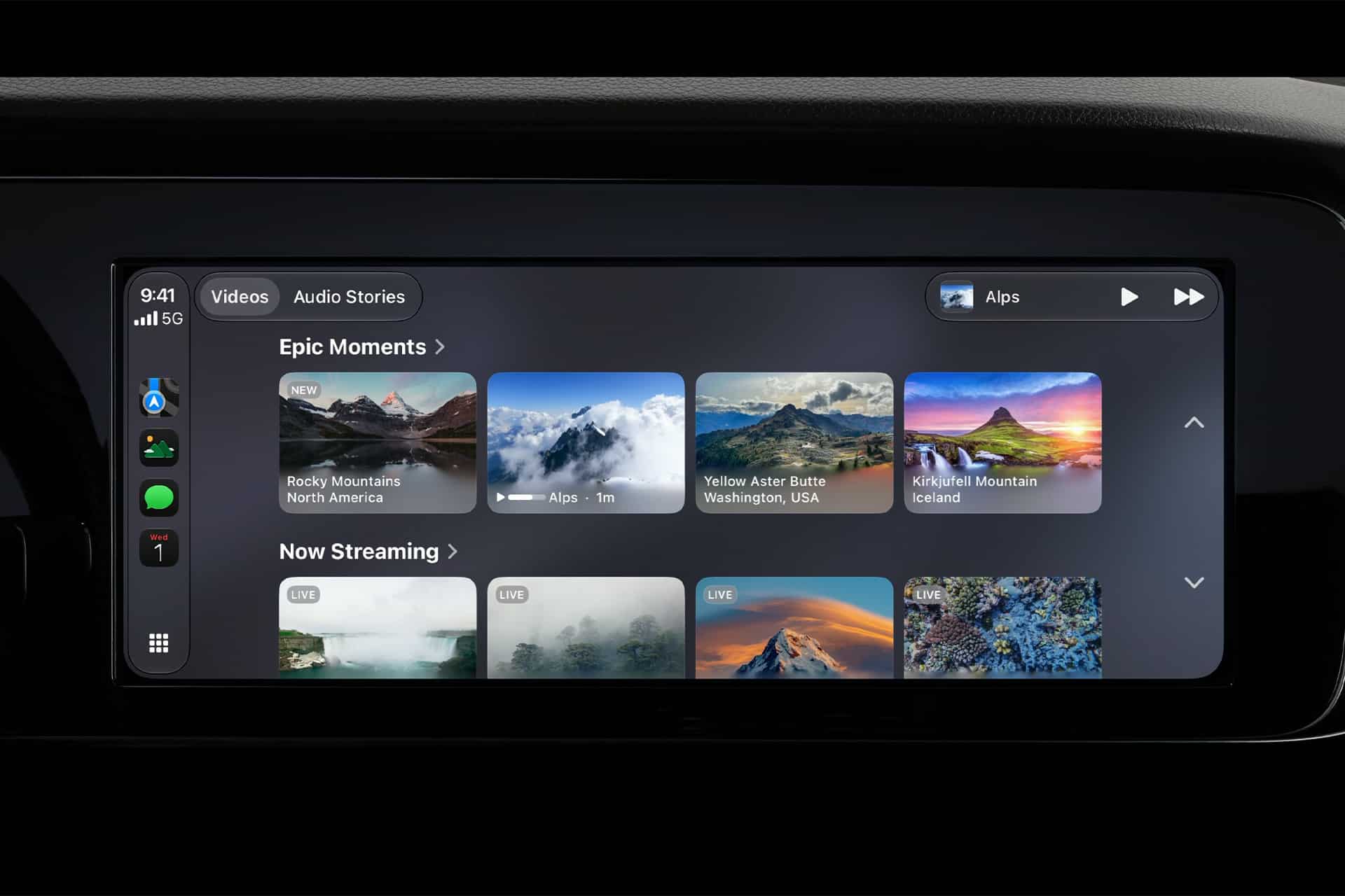 A car dashboard screen displays a media interface with CarPlay video features, offering video and audio stories. Scenic thumbnails of the Alps and Rocky Mountains highlight streaming, live content, and seamless CarPlay navigation for your journey.