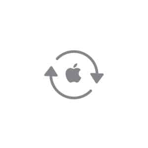 Gray Apple logo centered inside a gray circular arrow, symbolizing the refresh or update process of a certified refurbished Apple device, on a white background.