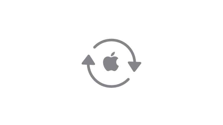 Gray Apple logo centered inside a gray circular arrow, symbolizing the refresh or update process of a certified refurbished Apple device, on a white background.