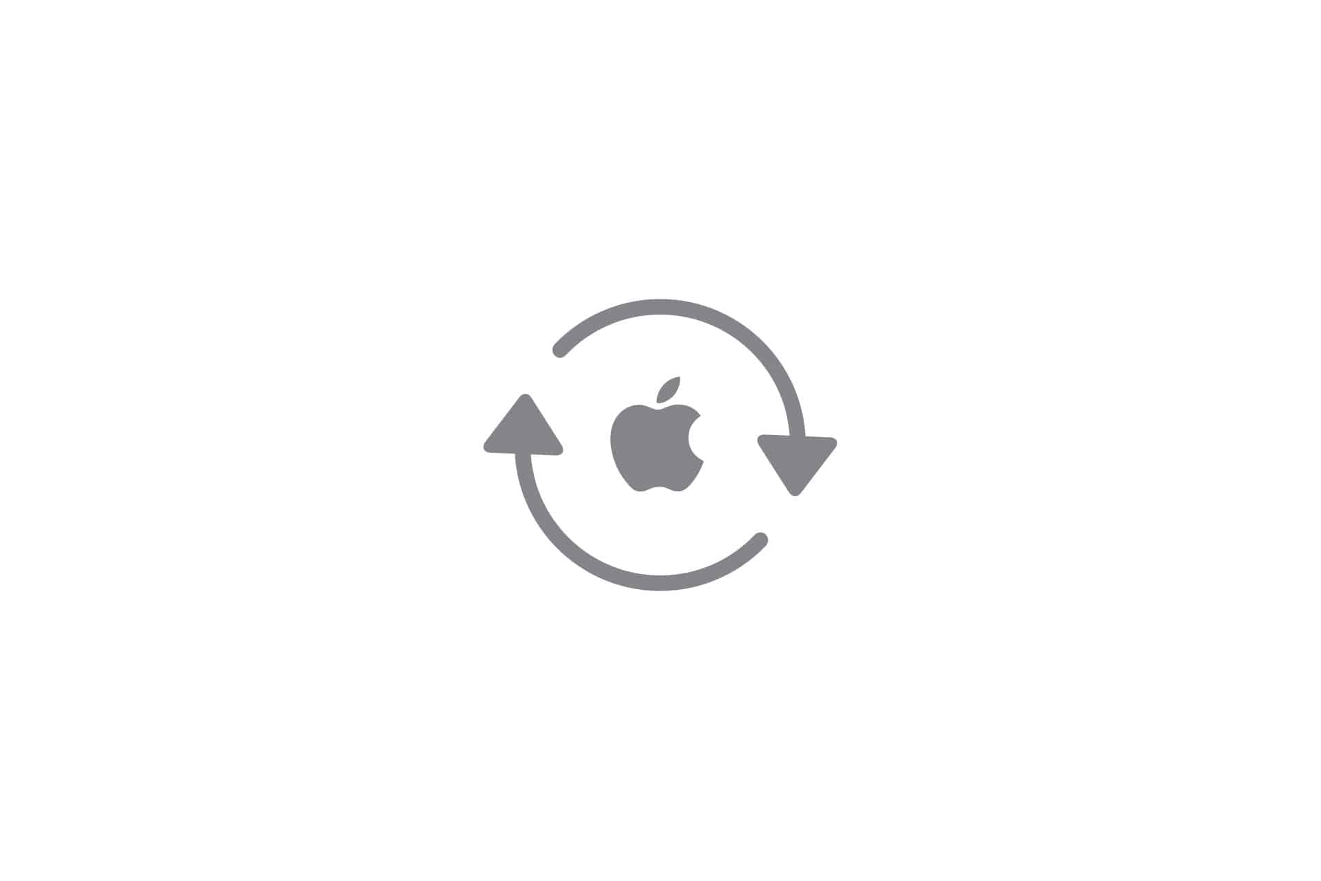 Gray Apple logo centered inside a gray circular arrow, symbolizing the refresh or update process of a certified refurbished Apple device, on a white background.