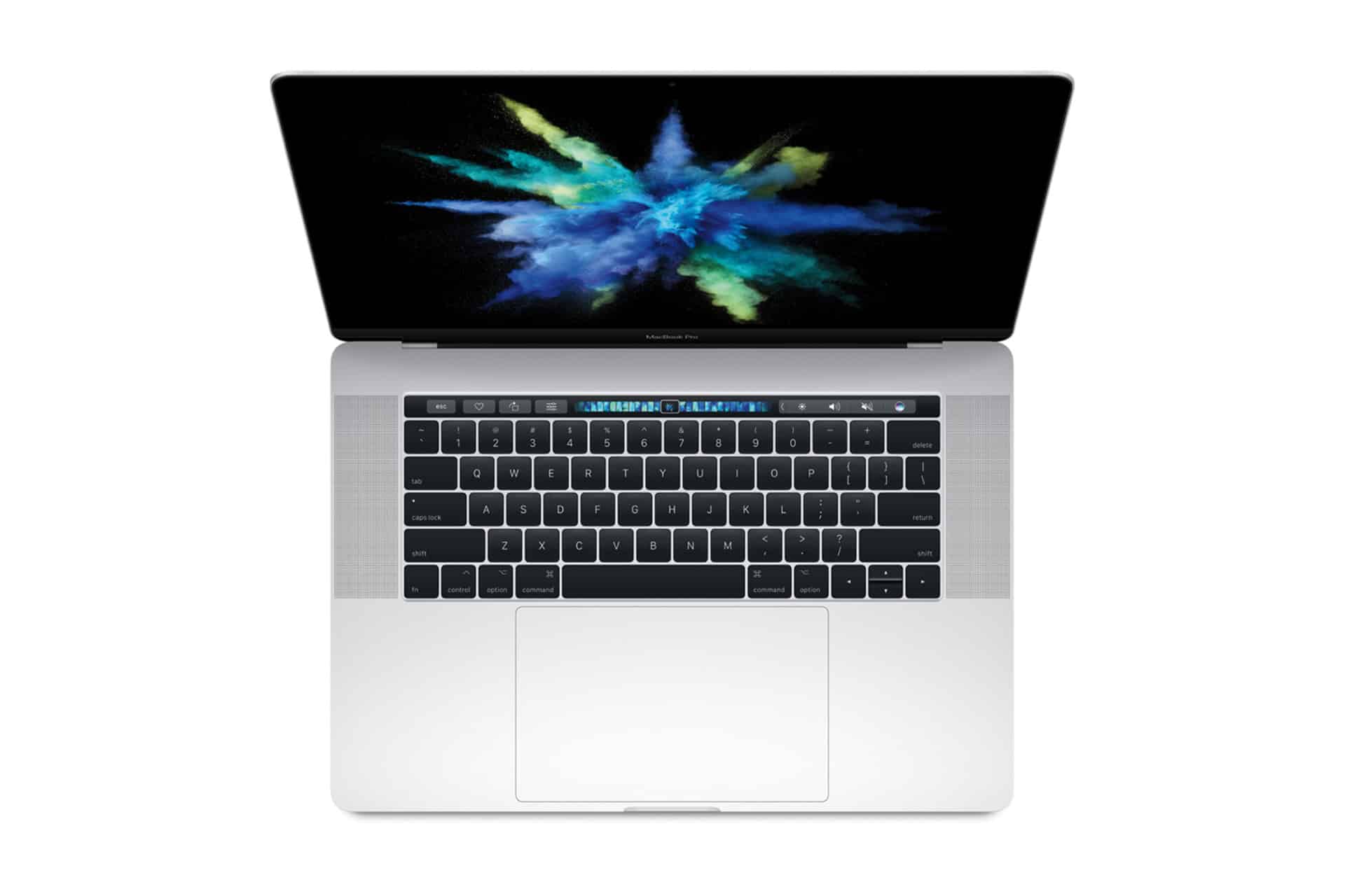 A certified refurbished Apple silver laptop viewed from above, showing a black keyboard, touch bar, and a screen displaying a colorful abstract burst of blue, green, and yellow against a black background.