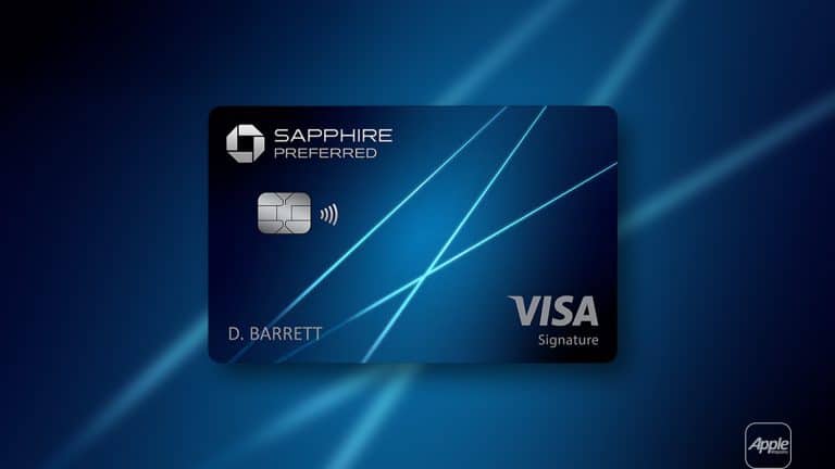 A blue Chase Sapphire Preferred Visa credit card with contactless symbol and the name "D. Barrett" on a dark blue background with light streaks; an Apple logo appears in the lower right, hinting at benefits like Chase Apple TV or Apple One.