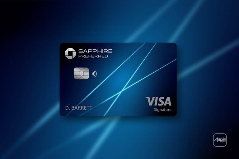 A blue Chase Sapphire Preferred Visa credit card with contactless symbol and the name "D. Barrett" on a dark blue background with light streaks; an Apple logo appears in the lower right, hinting at benefits like Chase Apple TV or Apple One.