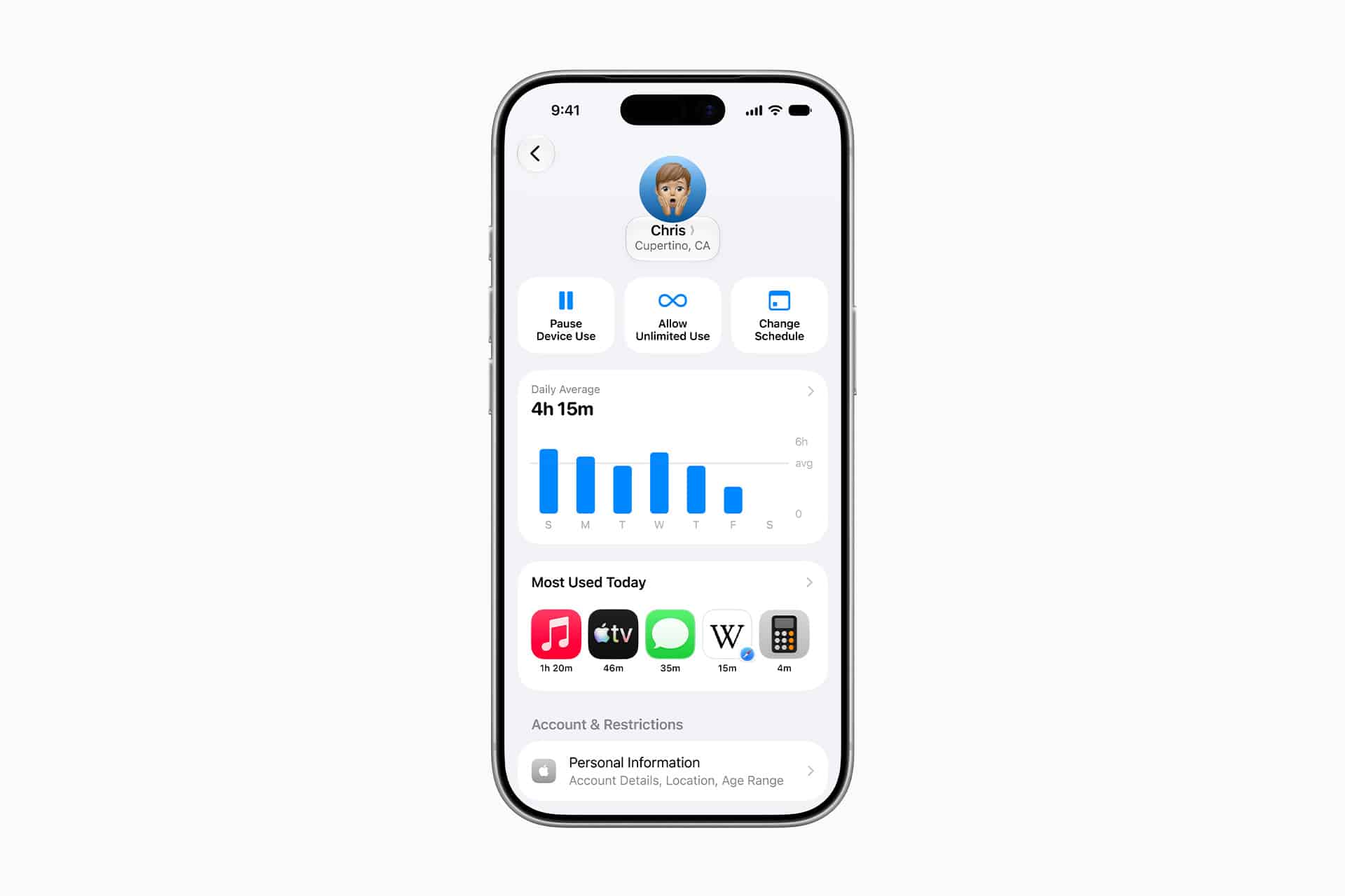 A smartphone screen displays Apple parental controls for a child named Chris, including options to pause device use, allow unlimited use, and change schedule. A bar graph shows daily average screen time, with most used apps listed below.